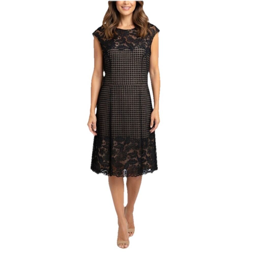 Adorne Black Floral Lace Sleeveless Knee-Length Fit and Flare Dress US 14